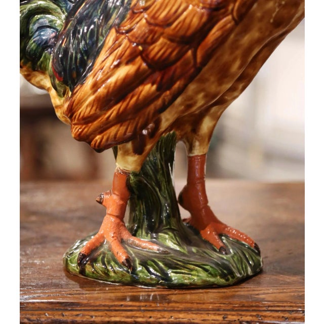 Late 20th Century Large French Barbotine Majolica Rooster Sculpture From Normandy For Sale - Image 5 of 11