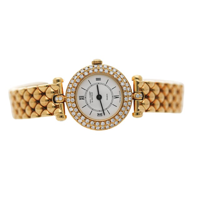 Van Cleef & Arpels Mid 20th Century Van Cleef & Arpels Paris Classique 18k Gold Diamond Bezel Ladies Watch For Sale - Image 4 of 8