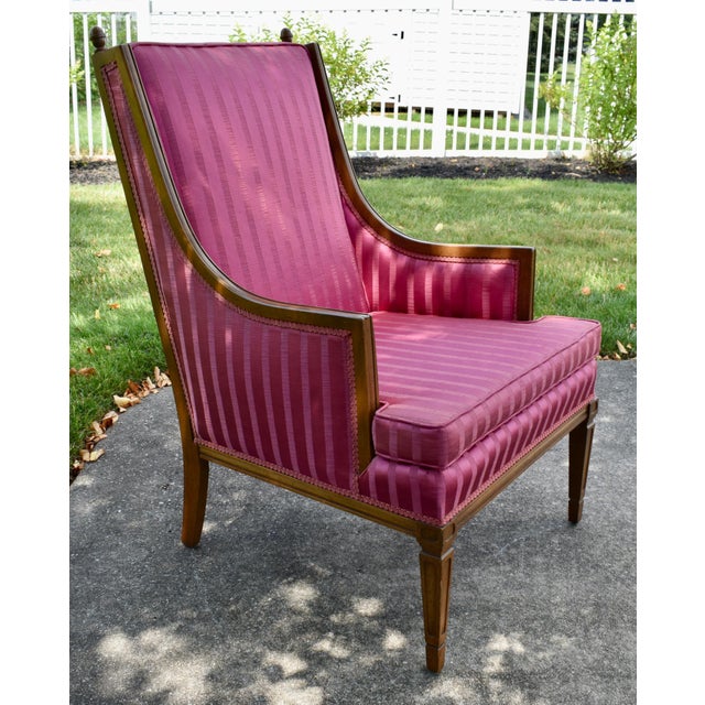 Wood Bergere Armchair Hollywood Regency Style Pink Magenta Striped Satin Accent Chair For Sale - Image 7 of 14