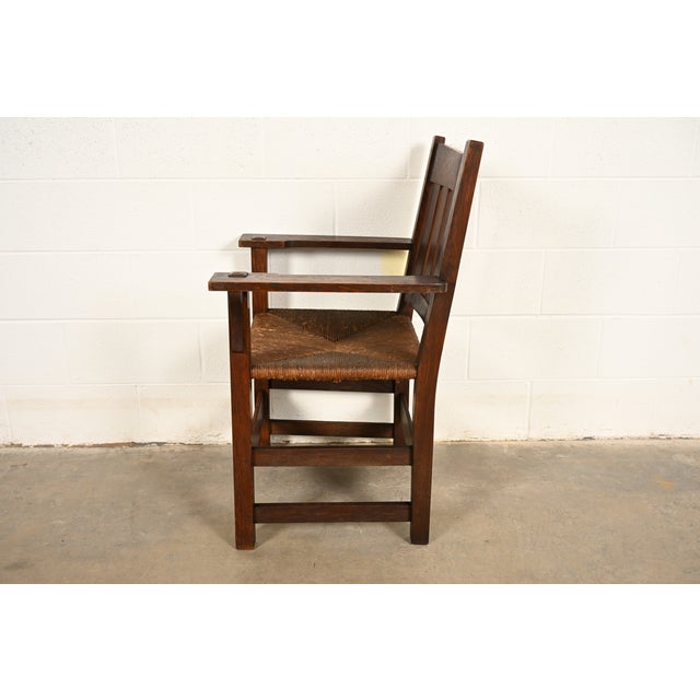 Gustav Stickley Antique Mission Oak Arts & Crafts Armchair With Rush Seat, Circa 1910 For Sale - Image 11 of 14