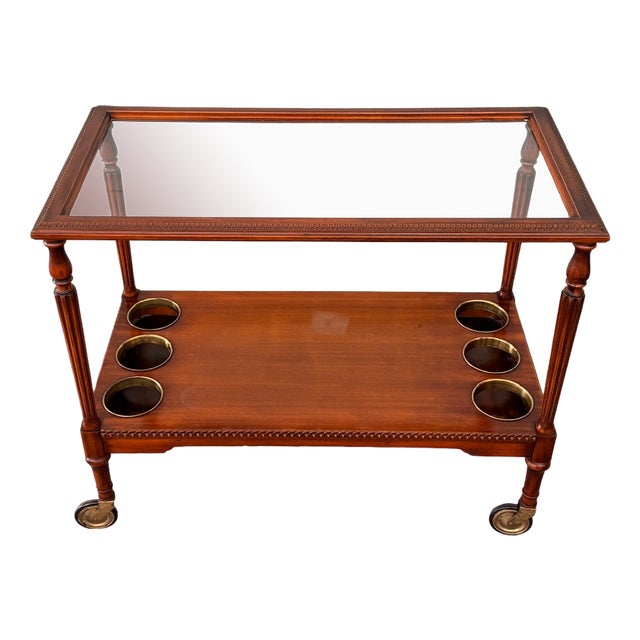 Mid-Century French Bar Cart in Decorated Wood and Glass Top, 1960s For Sale