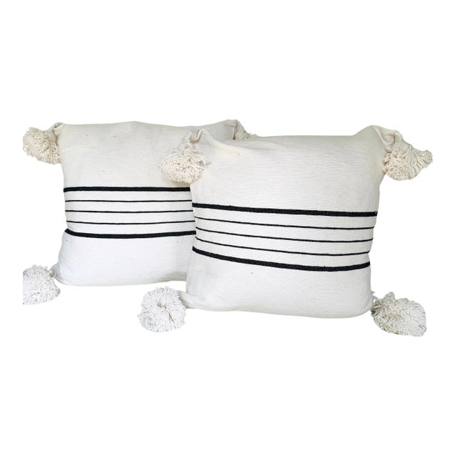 Moroccan Handloomed Pom-Pom Pillows, 19" x 19" - A Pair For Sale
