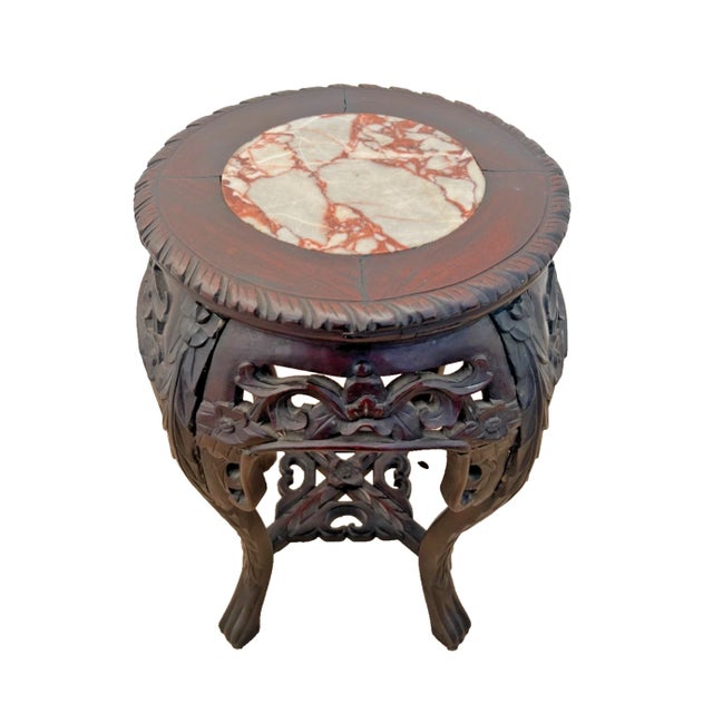 French Plant Stand Table, Hand Carved Lattice Marble Top, Dark Mahogany Petite For Sale - Image 4 of 9