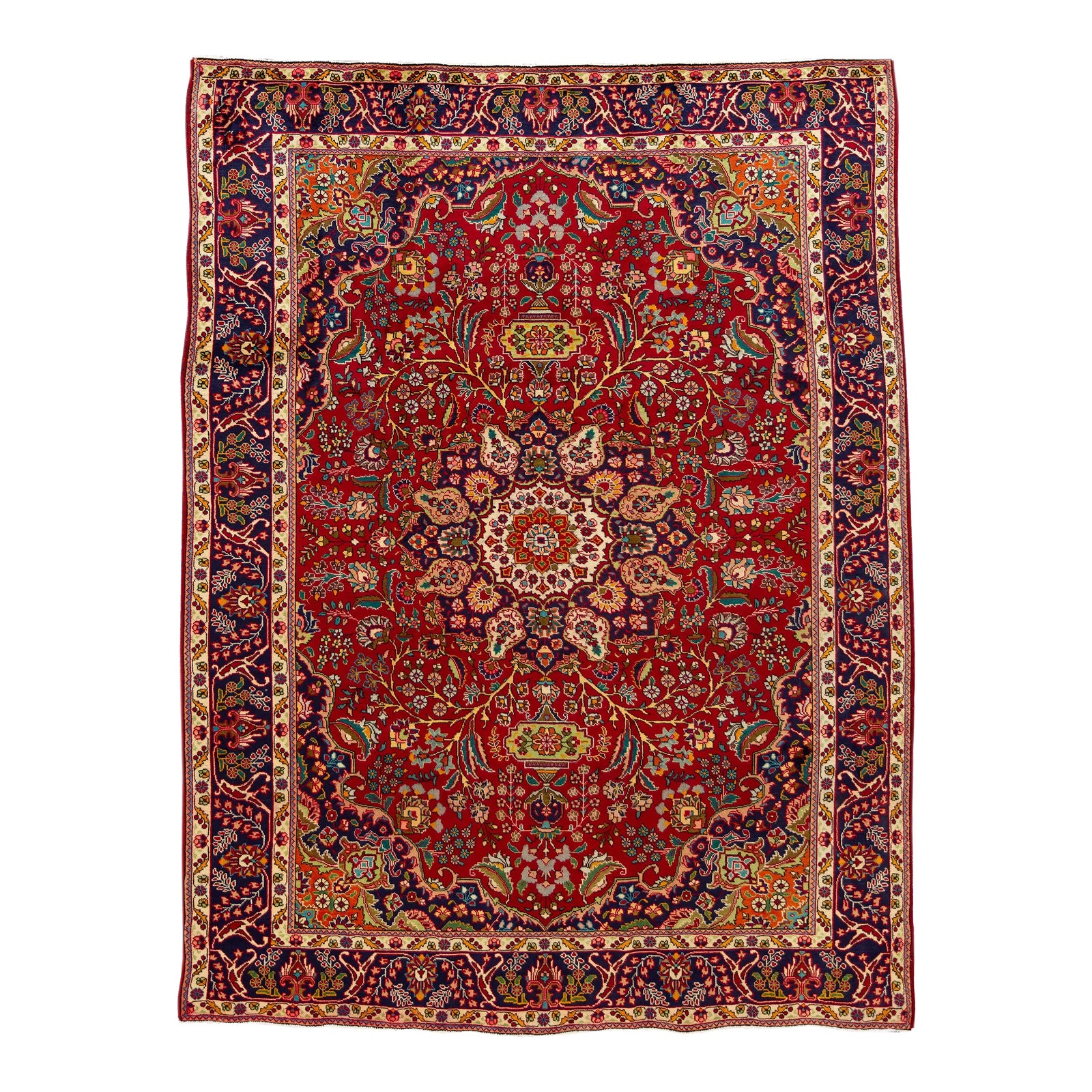 Vintage Persian Tabriz Handmade Red Medallion Floral Wool Rug | Chairish