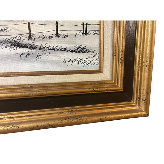 Farmhouse Signed H. Hargrove Winter Farm Landscape Oil Painting With Attached Gallery Light For Sale - Image 3 of 9