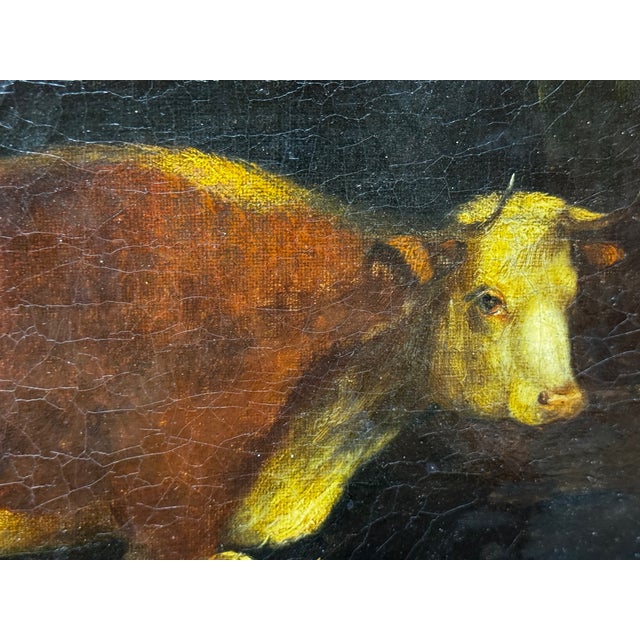 Wood Victorian Oil Painting Cows & Sheep Group in Barn C1850 Follower Thomas Sidney Copper For Sale - Image 7 of 11
