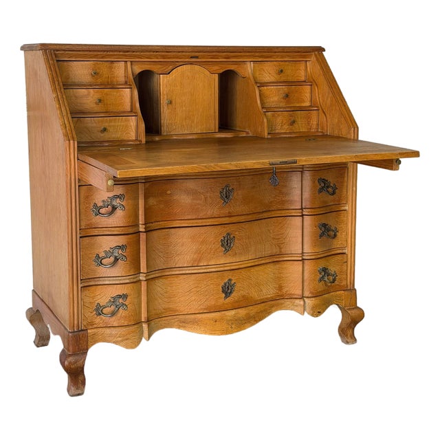Oak Bureau With Drop-Front Desk and Three Serpentine Drawers Danish Mid-Century Modern 1970s For Sale