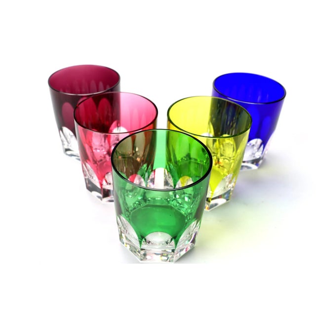 Glass Vintage Cut-to-Clear Crystal Tumblers – Jewel-Tone Mid Century Barware - Set of 5 For Sale - Image 7 of 10