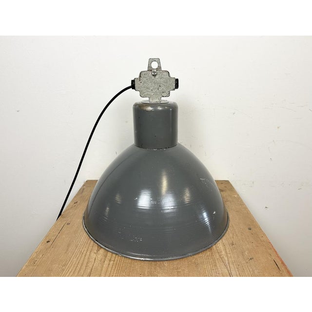 Industrial Grey Aluminium Pendant Lamp from Polam Wilkasy, 1960s For Sale - Image 11 of 18