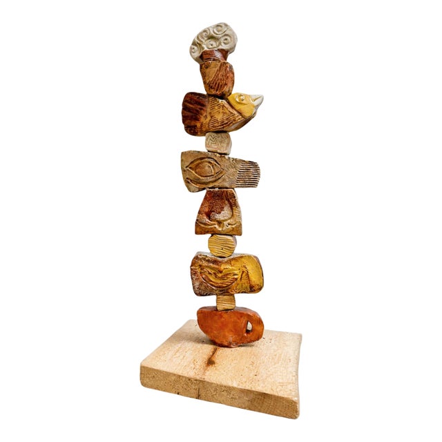 Marc Zimmerman "Small Earthtone Ceramic Totem" Glazed Ceramic, 40 Inches Tall, Brown and Gold Glaze, Wood Base, Contemporary Art West Coast For Sale