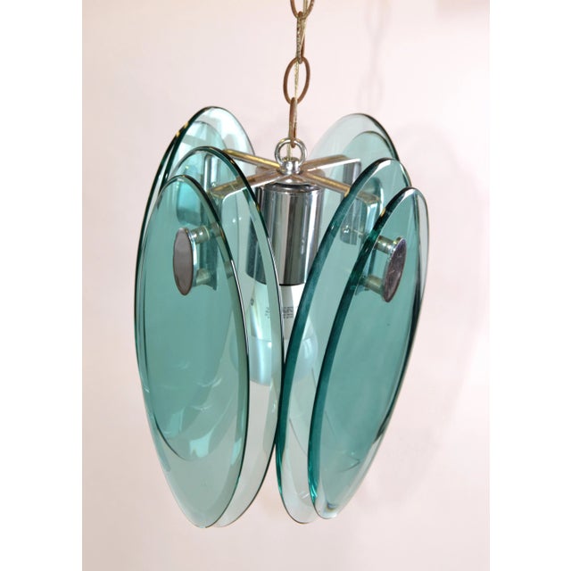 Metal Fontana Arte Mid-Century Modern Beveled Glass & Chrome Pendant Light Fixture 70s For Sale - Image 7 of 13