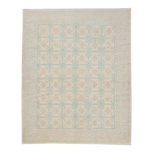 Contemporary Large Khotan Allover Design Beige Chocolate Aqua Low-Pile Wool Hand-Knotted Rug - 8’2” X 10’