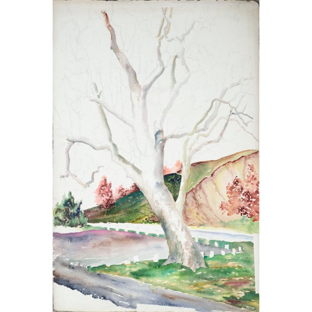 Realism 875 Joseph Yeager "Hillside Trees" Realism Landscape Watercolor on PaperCirca 1940s-1950s For Sale - Image 3 of 3