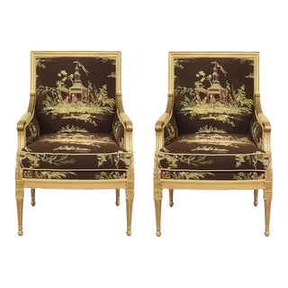Lillian August Louis XVI Style Gilt Chinoiserie Bergere Club Chairs For Sale