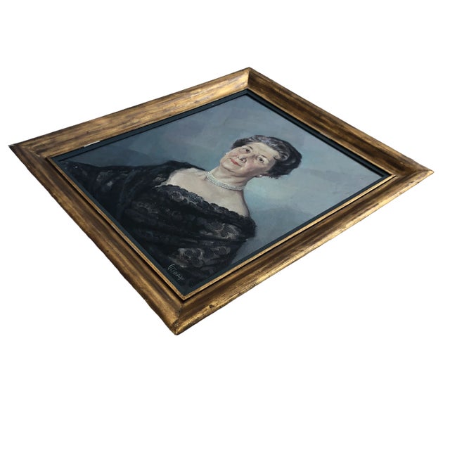 Mid-Century Modern Vintage 1958 Portuguese Portrait Original Oil Painting of a Woman For Sale - Image 3 of 12