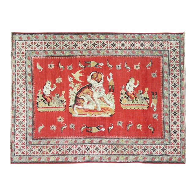 Antique Zabihi Collection Pictorial Dog Animal Karabagh Rug - 3'9" x 6'2" For Sale