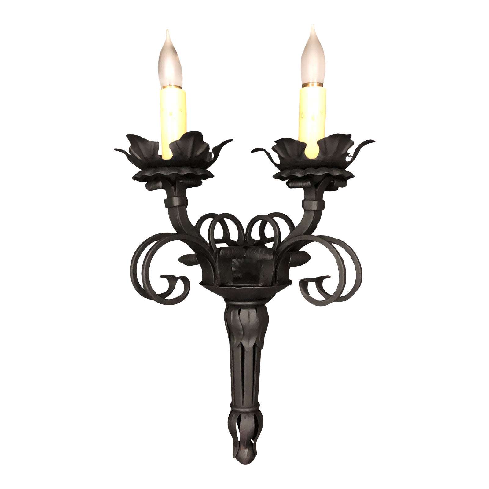 1990s Vintage Neo Gothic Black Wrought Iron Two Light Electric Wall