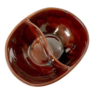 1950s Vintage Brutalist Boho Chic Mar-Crest Oval Brown Stoneware Divided Serving Bowl. For Sale