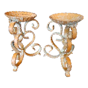 Vintage Cast Iron Metal Candle Holders (Set of Two), Spanish Style Scroll & Flower Design Rustic