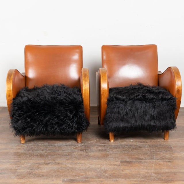 Pair of mid-century modern Danish club chairs. The chairs feature dramatic curved arms and fronts, with bentwood framing...