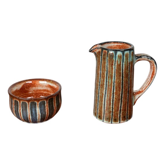 Mid-Century Modern German Studio Pottery Small Jug and Bowl by Monika Maetzel, 1960s, Set of 2 For Sale