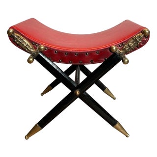 Early 20th Century Neoclassical style Curule stool in red leather and decorated with a crossed sword For Sale
