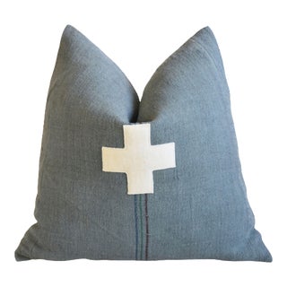 French Blue-Gray Grain Sack Appliqué Cross Coastal Nautical Feather/Down Pillow 22" Square For Sale
