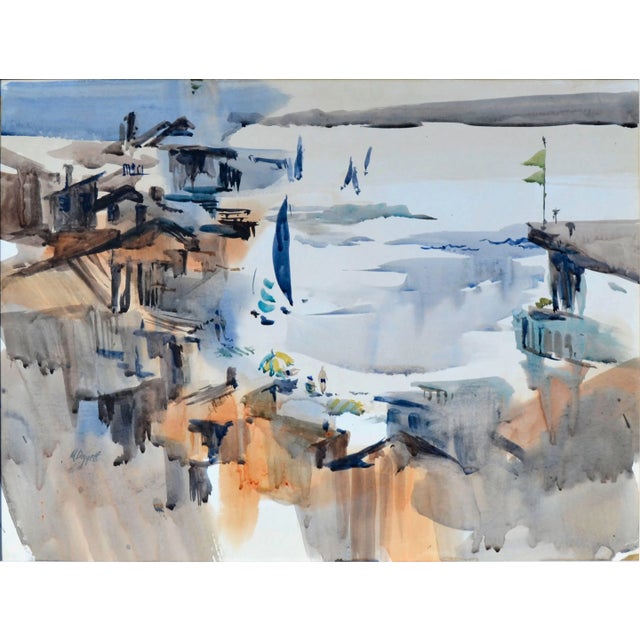 Watercolor painting of a city beach, done in the style of the California School of watercolor, attributed to Noel Daggett...