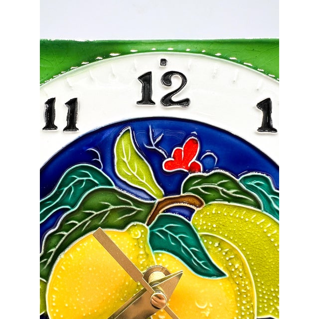 Late 20th Century Vintage Italian Majolica Style Lemon Ceramic Wall Clock | Hand Painted Citrus Kitchen Decor - Mediterranean, Cottagecore For Sale - Image 5 of 11