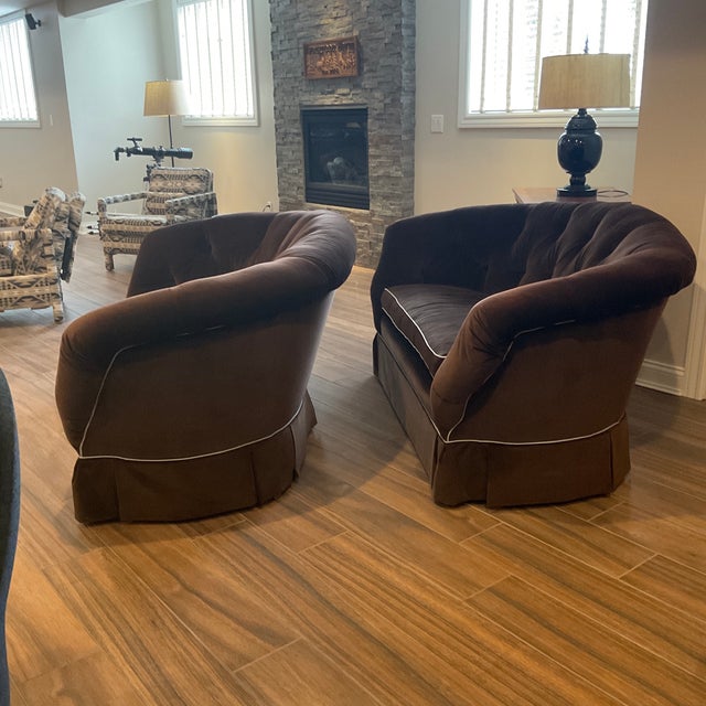 Baker Furniture Company Baker Furniture Company Love Seat Upholstered in Brown Velvet - a Pair For Sale - Image 4 of 6