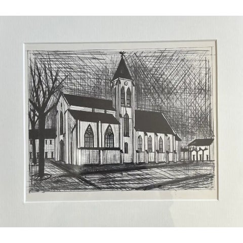 Titled "L'Eglise" (The Church) by the French artist Bernard Buffet, originally printed by Atelier Mourlot in Paris in...