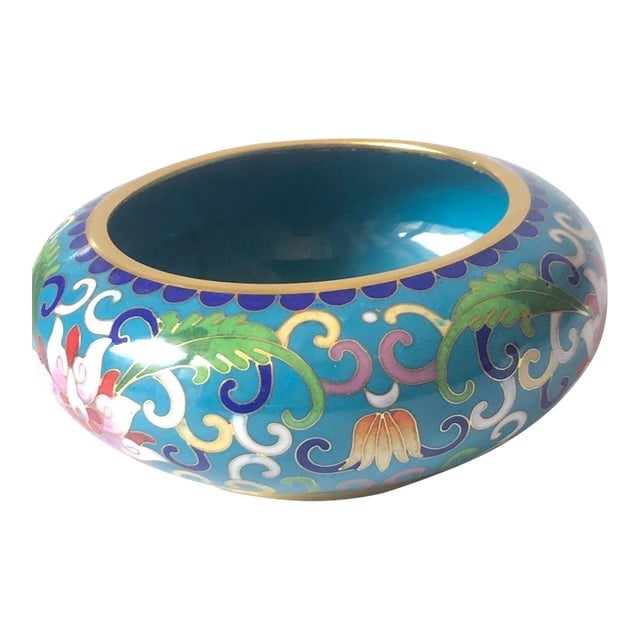 Vintage Cloisonné Enamel Lotus Bowl / Scholar's Brush Washer With Gilt Rim For Sale