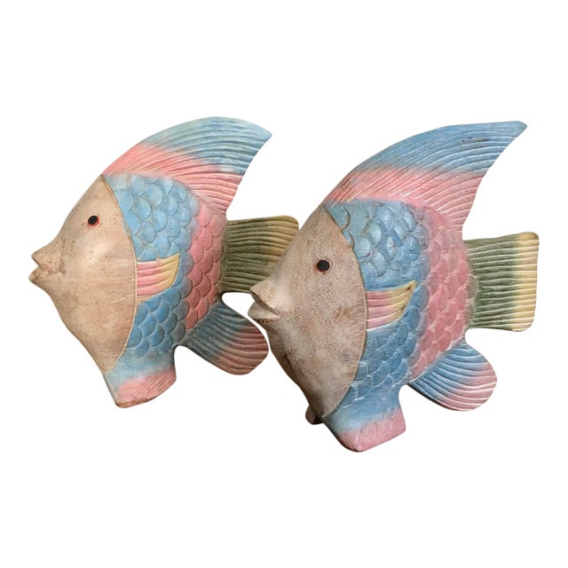 Vintage Hand Carved Wood Fish Figurines - a Pair For Sale
