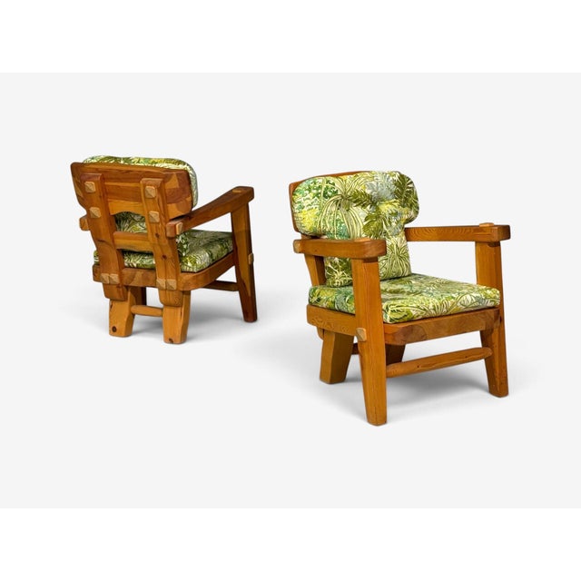 1960s Stig Sandqvist, Brutalist Lounge Chairs, Pine, Green Fabric, Sweden, 1960s For Sale - Image 5 of 15