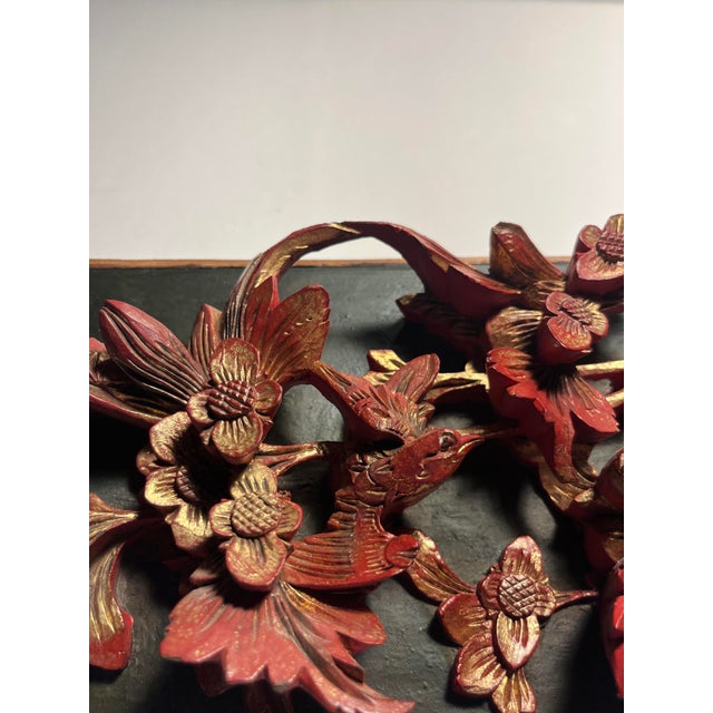Antique Chinese Hand Carved Red Laquer & Gilt High Relief Wood Panel For Sale - Image 4 of 9