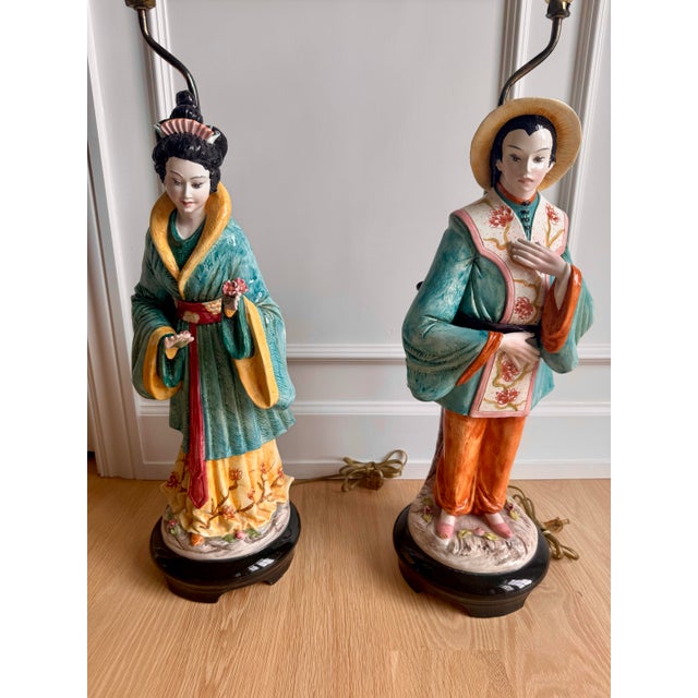 1970s Signed Domenico Poloniato Monumental Italian Chinoiserie Figural Lamps With Original Pagoda Shades - a Pair For Sale - Image 4 of 11