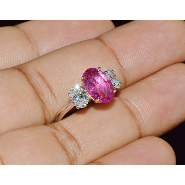 Late 20th Century Gia Certified 3.68Ct Madagascar Pink Sapphire E VVS Diamond Solid 950 Platinum 18k Gold Ring, Size 6.5 For Sale - Image 9 of 15