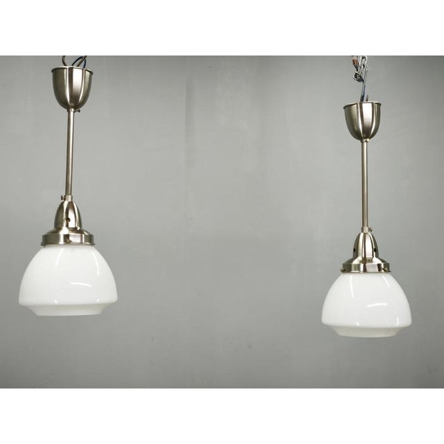 Vintage Czech Art Deco Opaline Glass and Chrome Pendant Lights, 1930s, Set of 2 For Sale - Image 12 of 16