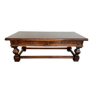 Vintage French Refectory Farmhouse Solid Walnut Coffee Table With Two Drawers For Sale