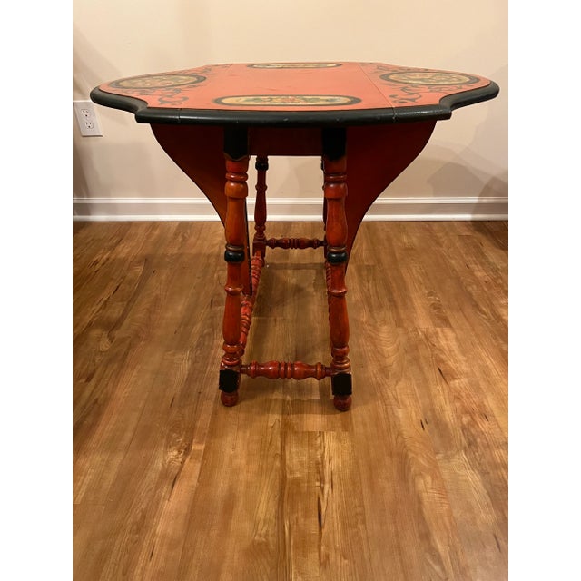 Mid 19th Century 19th Century Colonial Drop Leaf Side Table With Hand Painted Tole Details, Half Serpentine Leafs, and Butterfly Supports For Sale - Image 5 of 13