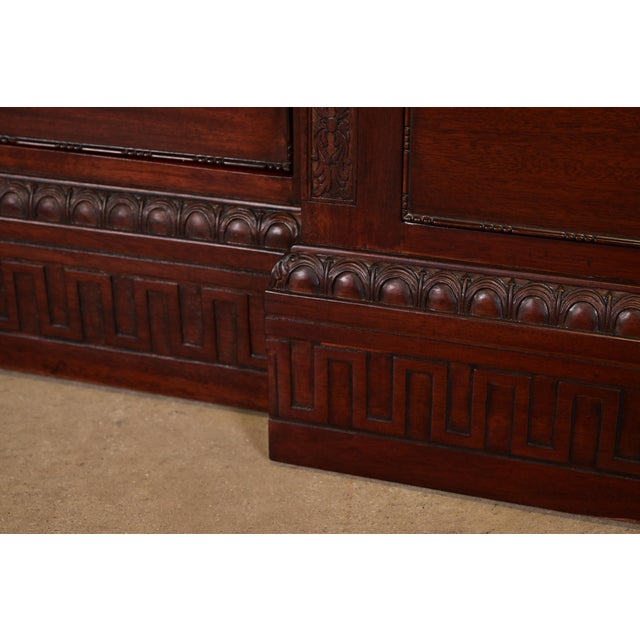 Baker Furniture Style English Georgian Carved Mahogany Breakfront Bookcase Cabinet With Drop Front Secretary Desk For Sale - Image 10 of 13