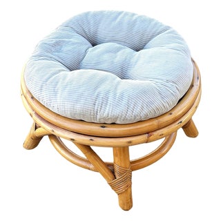1950s Restored Mid-Century Rattan Round Ottoman W/ Tufted Cushion For Sale