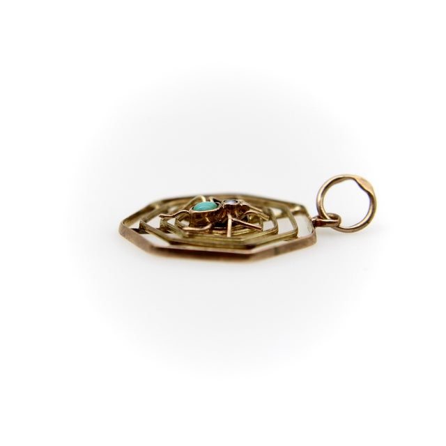 Late 19th Century 9k Gold Victorian Spider Pendant With Turquoise and Pearl For Sale - Image 4 of 7