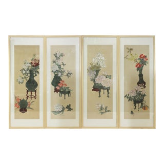 Vintage Set of Four Framed Chinese Hand-Painted Floral Panels With Vases For Sale