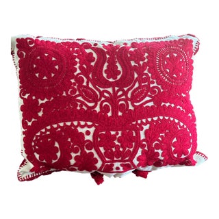 1980s Traditional Linen Hungarian Embroidered Red Pillow For Sale