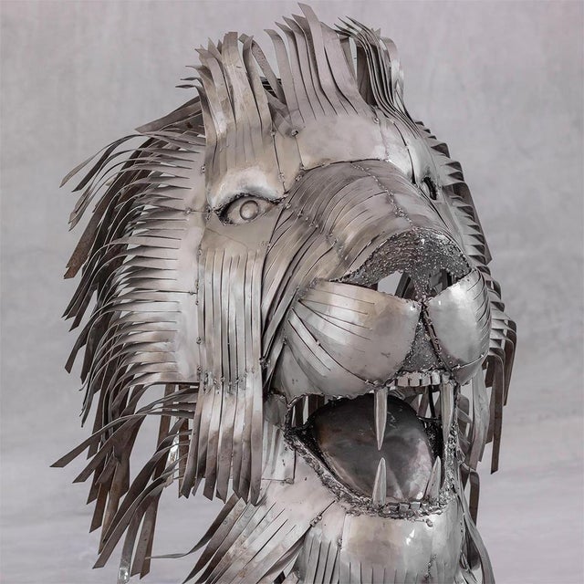 Contemporary Contemporary Recycled Steel Lion Head Sculpture, Handcrafted, One-of-a-Kind For Sale - Image 3 of 9