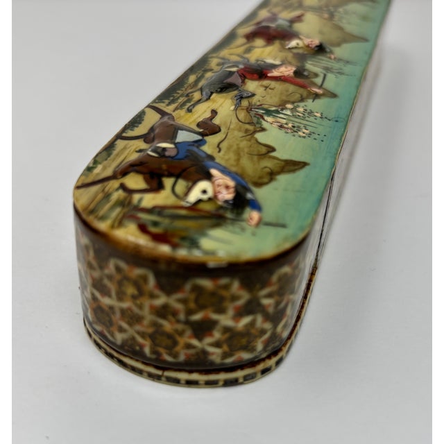 Antique Persian Khatam Marquetry Qalamdan Pen Box with Hand-Painted Equestrian Miniature, Circa 1940s An exceptional...