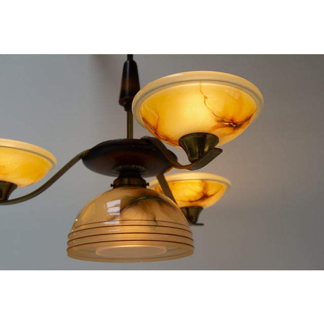 Art Deco Danish Brass Chandelier with Marbled Opaline Shades, 1930s. For Sale - Image 9 of 18