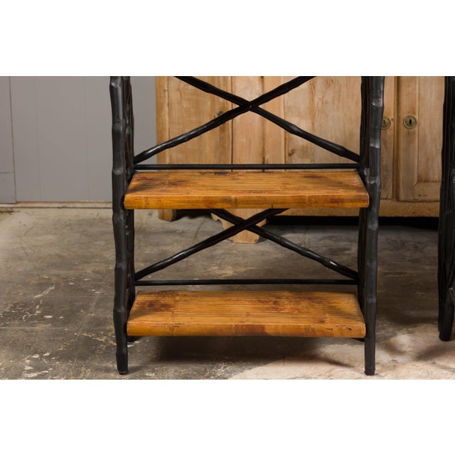 Midcentury Tall French Black and Brown Faux Bamboo Shelves, a Pair For Sale - Image 9 of 12