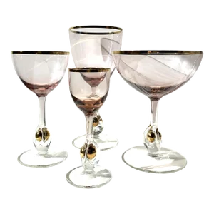 Vintage Czech Crystal by Jozef Stanik, Pattern Atlas Pink, Gold Encased Orb Glassware- 32 Pieces